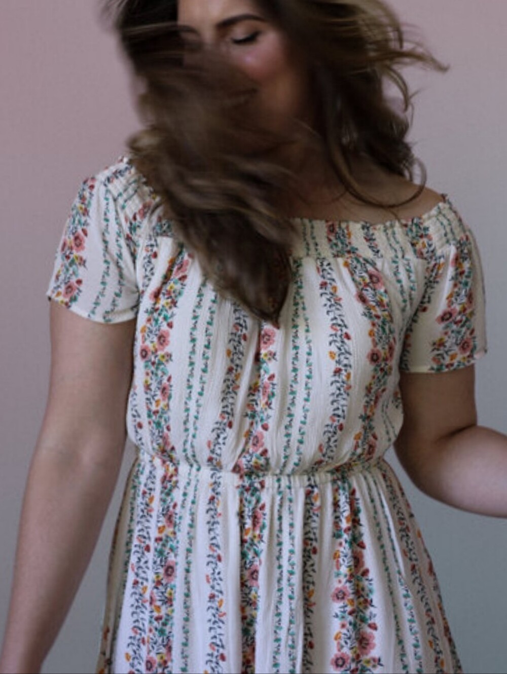 Old Navy Floral Striped Off-Shoulder Midi Dress in Cream